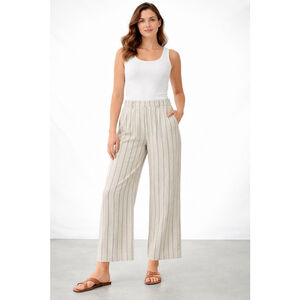 Women Linen Rayon Pinstripe Wide Leg Pants Natural Navy Stripes Size 2 Short